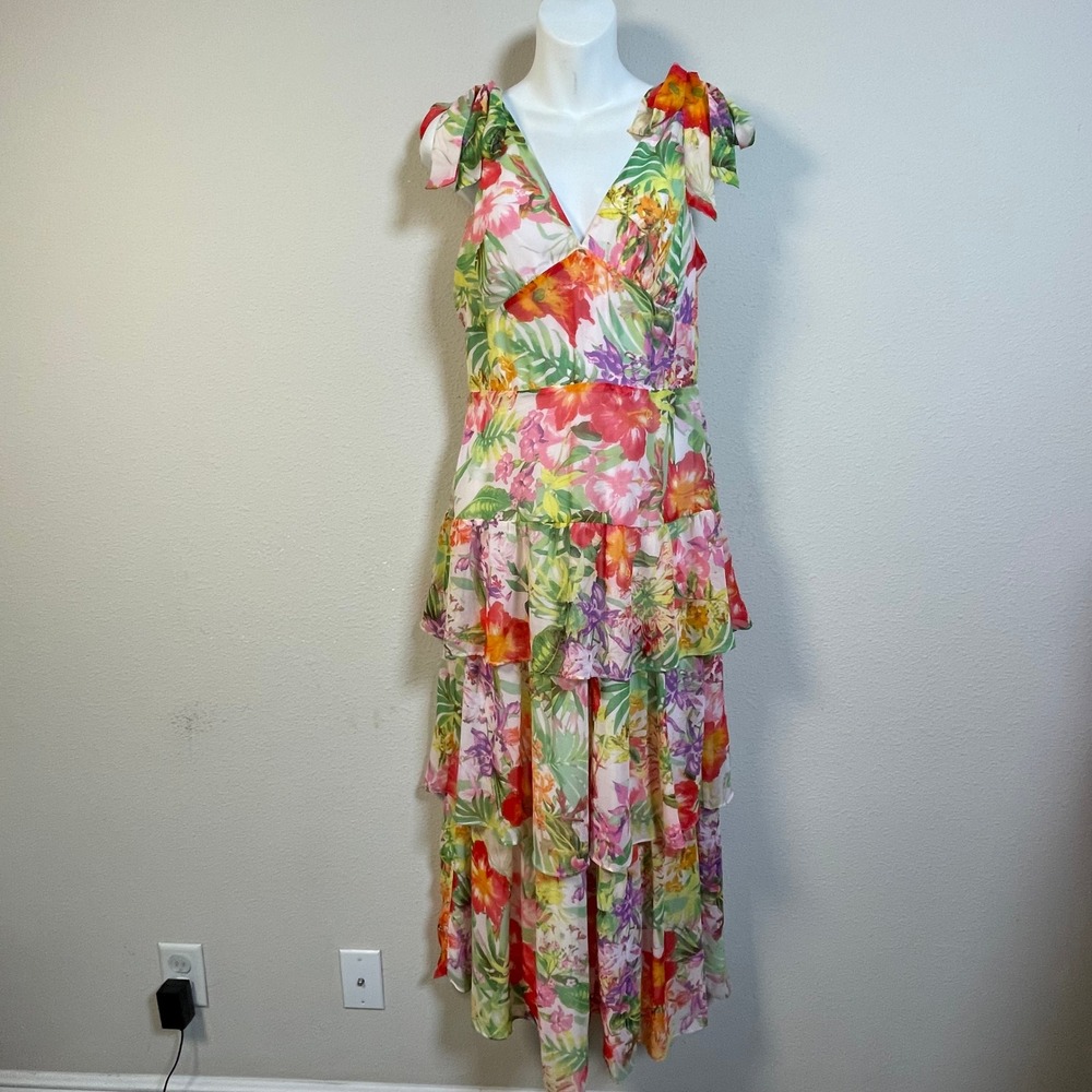 Julia Jordan Floral Tiered Maxi Dress Womens 2 Multicolor Tropical V-Neck Boho